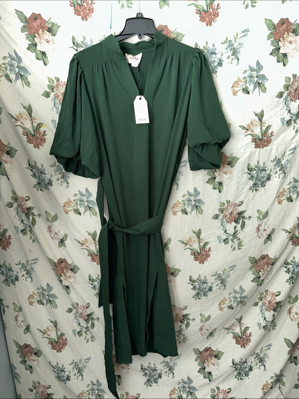 FIGUE Tie-Waist Dark Green Midi Dress with Puff Sleeves